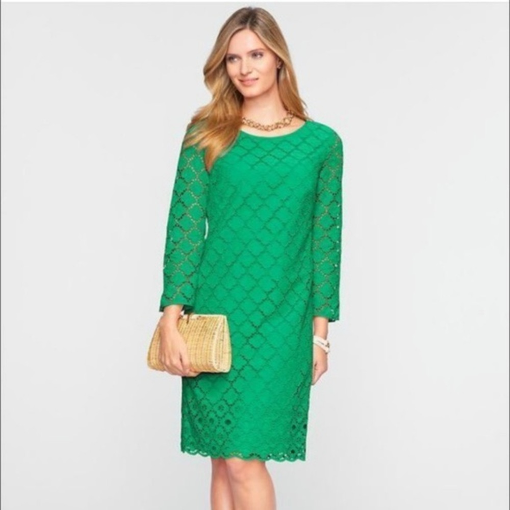 TALBOTS Green eyelet sheath dress size 12 Kelly emerald party wedding work